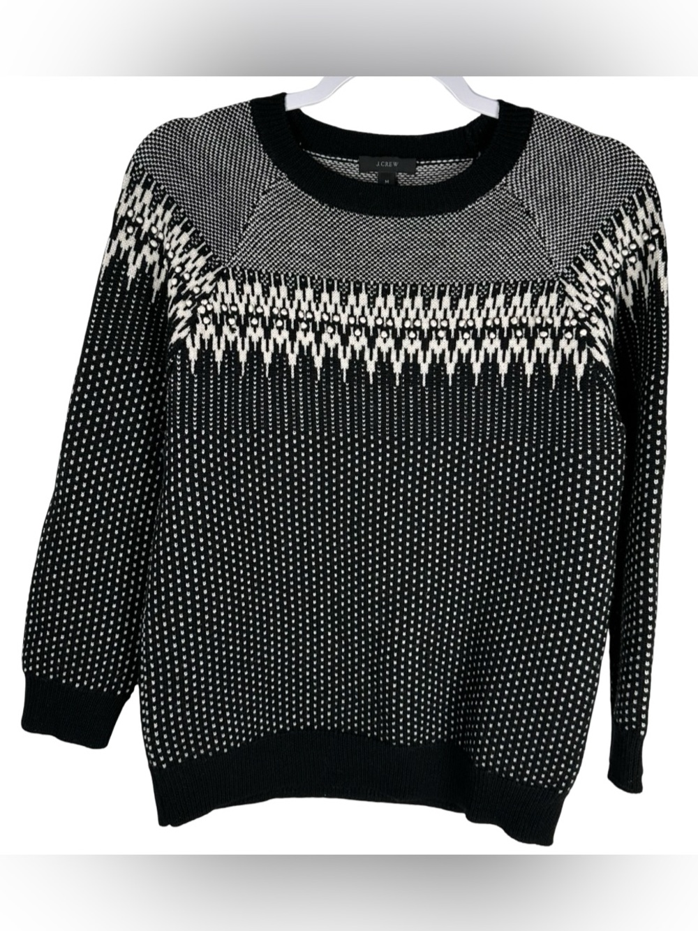 J.Crew 100% Merino Wool Fair Isle Black White Knit Pullover Sweater Size Medium